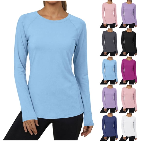 CFLVAEK Sun Protection Shirts for Women UPF 50+ Quick Dry Sun Shirt Solid Colour Long Sleeve Crewneck Workout Hiking Clothing Blue L