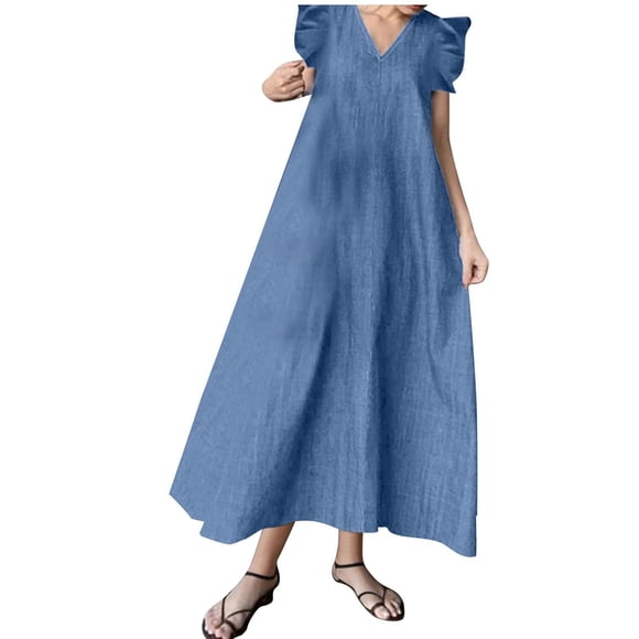 Women's Denim Maxi Dress, Loose Fit Sleeveless V-Neck Casual Summer Dress, Ankle-Length Flowy Dress