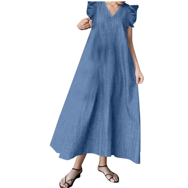Tumotour Robe en Denim pour Femmes Été à Volants Sans Manches à Col en V Robe Longue en Jean Bleue Décontractée Ample Robe Maxi en Jean 2025
