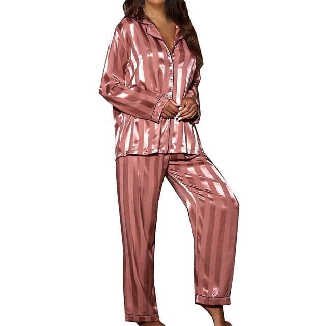 AherBiu Womens Pajama Sets Long Sleeve Button down Shirts with Pjs Pants Striped Loungewear Set Outfits