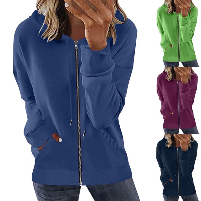 VEKDONE Womens Zip Up Hoodies Jackets Fall Long Sleeve Thin Fleece Coat Basic Solid Color Drawstring Hooded Jacket Soft Lightweight Athletic Outerwear Hot Pink S