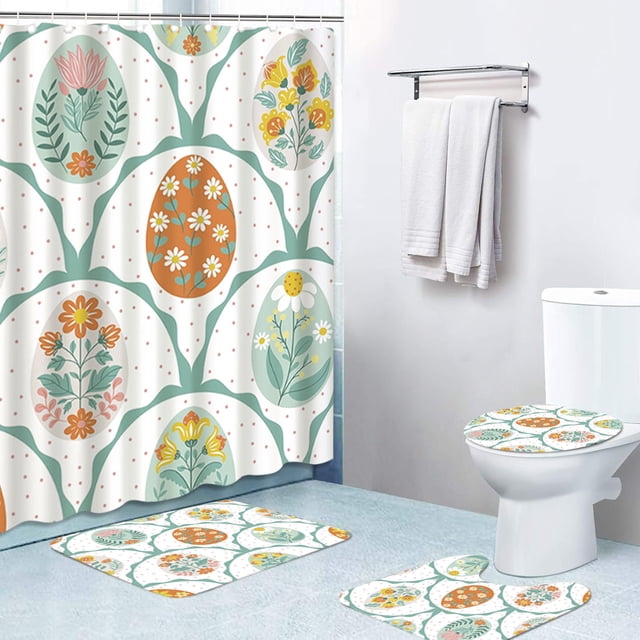 Shower Curtain Hooks,Shower Curtain Hooks,Easter Bunny Shower Curtain 4-Piece Set Shower Curtain 4-Piece Set with 12 Hooks Polyester Waterproof Bathroom Partition Curtain Toilet Mat,Shower Curtain Set