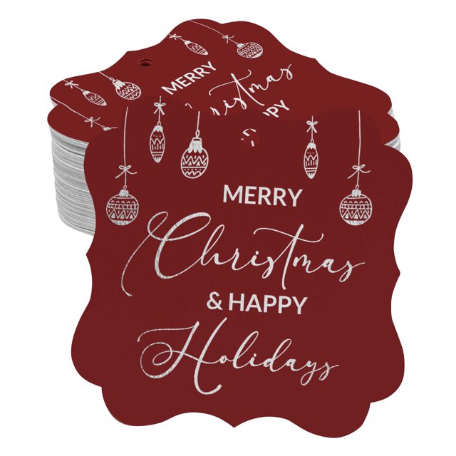 Inkdotpot Pack Of 50 Merry Christmas & Happy Text Paper Tags DIY Craft Bracket Shape Real Silver Foil Hang Tags