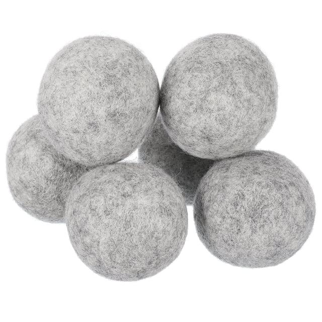 Unique Bargains 6 Packs Dryer Balls, 2 Inches Wool Dryer Balls for Dryer Laundry, Light Grey. A set of six light grey wool dryer balls, each with a 2-inch diameter, designed for use in dryers to reduce drying time, prevent static, and minimize wrinkles. Made from high-quality wool, these reusable dryer balls are free of dyes, fragrances, and chemicals, making them suitable for sensitive skin and all clothing types. Ideal for small to large laundry loads, they replace dryer sheets and liquid fabric softeners.