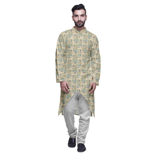 Atasi Kurta à Manches Longues Imprimé, Boutonné, Asymétrique, Kurta de Designer pour Garçons