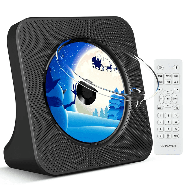 Qoosea Desktop CD Player Portable with Bluetooth and dual stereo speakers, designed in black with a vertical layout and a decorative CD featuring a winter scene. Includes a remote control for playback functions, Bluetooth connectivity, FM radio, sleep timer, and shuffle/repeat modes. Ideal for home audio systems and CD music playback.