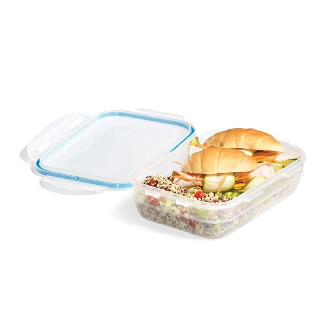 Starfrit LocknLock Easy Match Contenant Rectangulaire de 29 oz / 850 ml avec Corps en Polypropylène transparent et Couvercle transparent avec Joint à Code de Couleur Bleu, Ouvert et Rempli de Salade de quinoa et de Deux Sandwichs Croissants, Hermétique et Étanche pour Micro-Ondes, Lave-Vaisselle, Réfrigérateur et Congélateur, Convient à la Préparation de Repas et à l'Organisation de la Cuisine.
