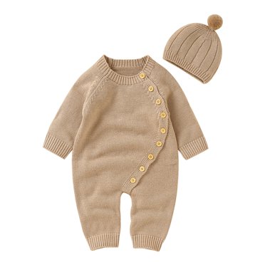 Ketyyh-chn99 Baby Tout-Petit Bébé Garçon Automne Hiver Grand Petit Frère Chandail Garçon Fille Uni Tricoté Sweater Combinaison Barboteuse Coton Casquettes Chapeau Ensembles Tenues Vêtements pour 9-12 Mois, Kaki