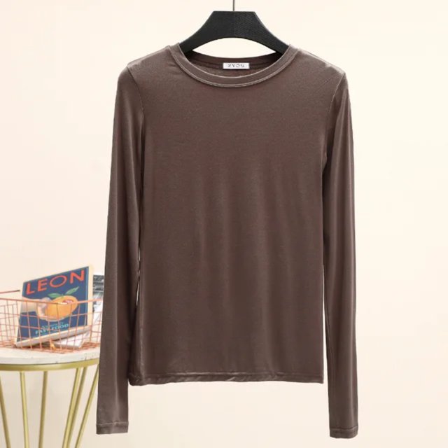 LNGOOR T-Shirt de Base Uni en Modal à Col Rond à Manches Longues pour Femmes, Automne, T-Shirt de Base, Hauts, T-Shirt Passe-Partout, Grande Taille, sous-Vêtement