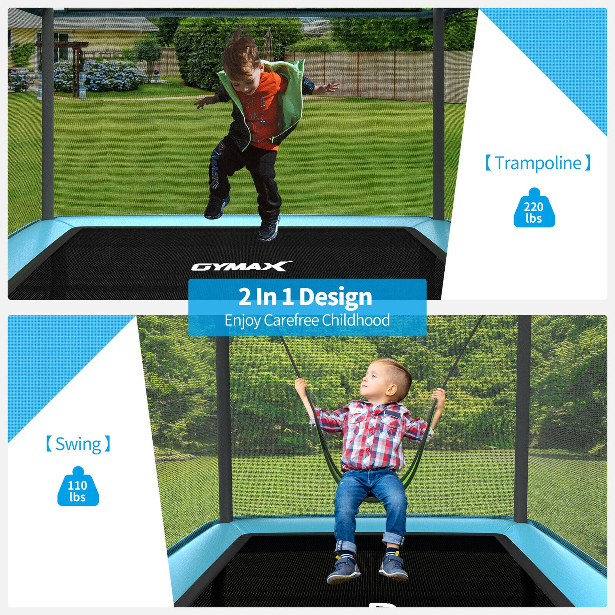 GYMAX 2-en-1 Trampoline Extérieur Enfant – Avec Balançoire, Filet De Sécurité, 40 Ressorts, Charge 100 Kg, 3 Ans+
