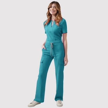 Mefallenssiah Scrubs for Women Set Uniform V-Neck Top with Drawstring Pocket Pants and Casual Two-Piece Set for Care Workers