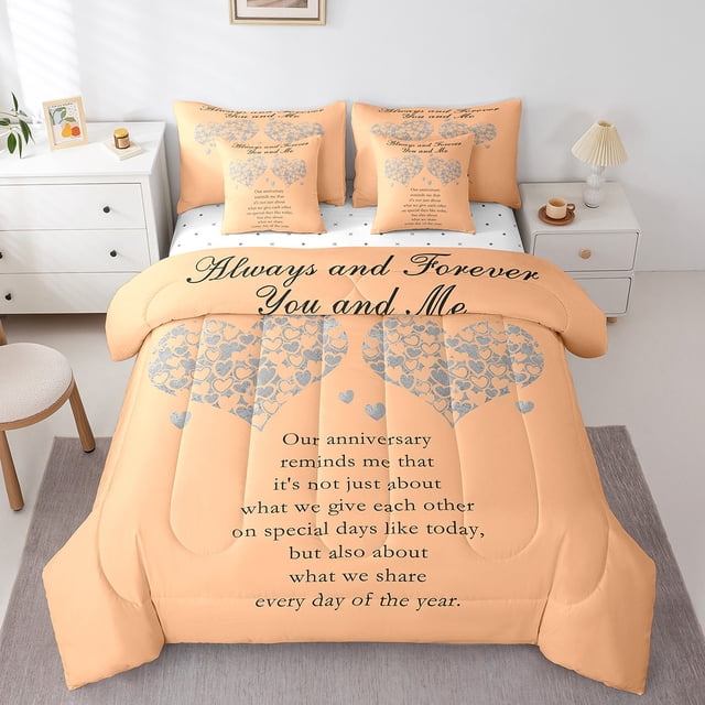 Erosebridal Ensembles de Literie à Imprimé Cœur d'Amour Format Simple, Ensembles de Douillette Romantiques de la Saint-Valentin avec Draps, Orange, Réversible