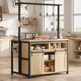 thumbnail image 1 of Wooden Kitchen Island with Power Outlet, Coffee Bar Table with Sliding Barn Door and Open Shelf, Rustic Cabinet Storage with 9 Hooks for Kitchen and Dining Room, 1 of 8