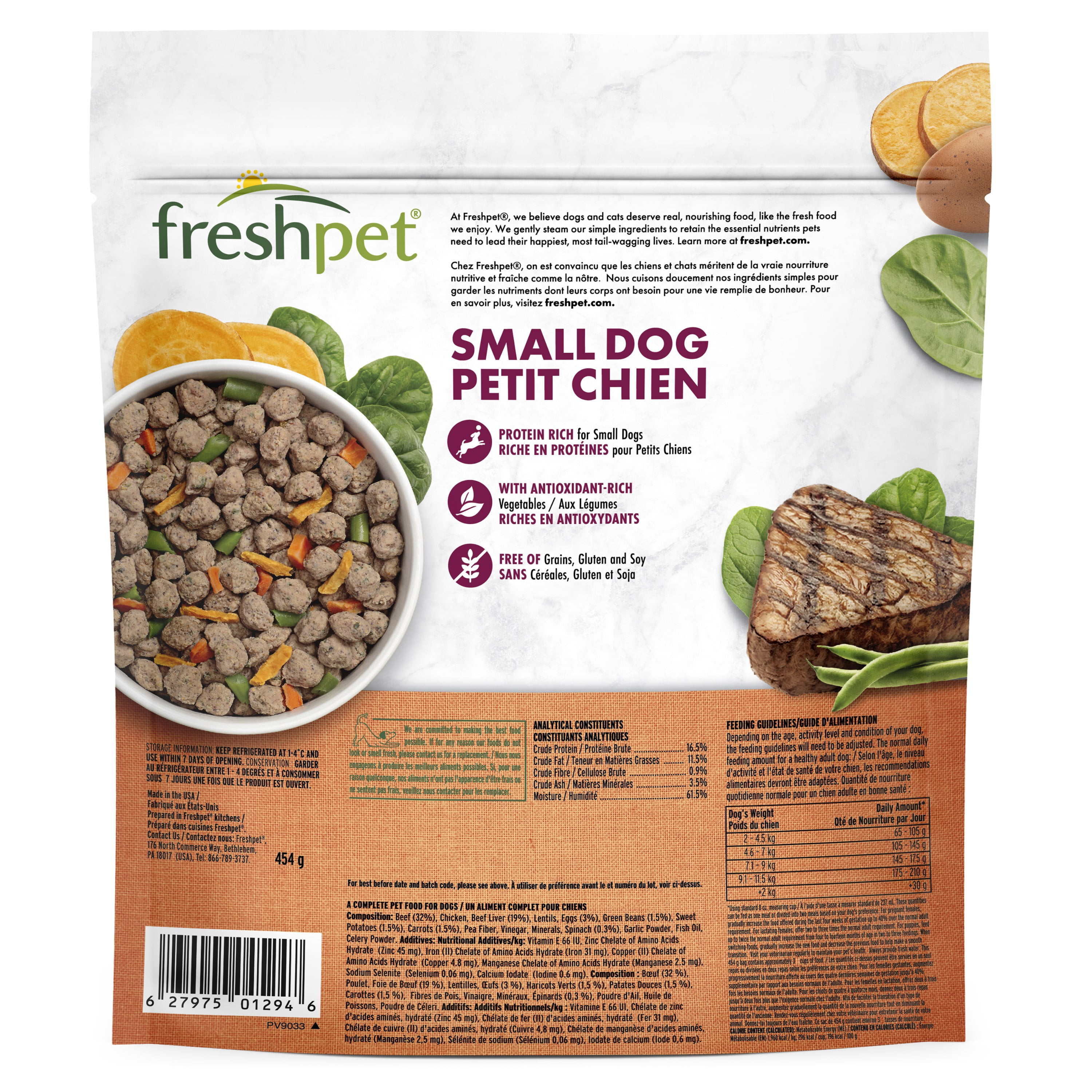 Freshpet Nourriture Fraîche pour Chien, Recette pour Petit Chien au Bœuf & à l'Œuf, Petites Bouchées Repas Fraîchement Rôtis 454 g