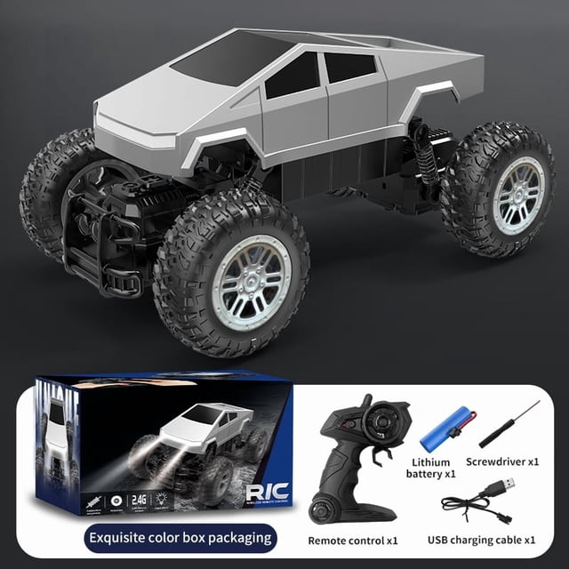 Cyberfootoffroad 2.4GHz Remote Control Tesla-Style Pickup Truck with Front/Reverse Headlights, Rear-Wheel Drive, USB-Rechargeable 3.7V Lithium Battery, Ultra-Long Range - Features Left/Right Turn,