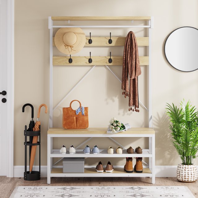 Garvee Industrial 3-Tier Hall Tree with Bench, 39.9" Coat Rack & Shoe Storage for Entryway, Hallway, Living Room