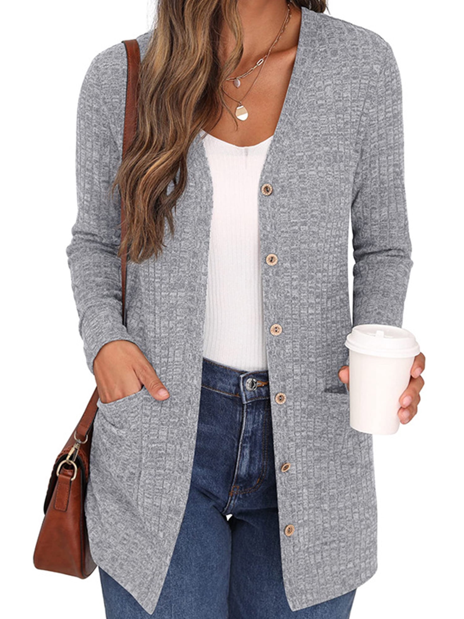 Innerwin Cardigan en Tricot à Manches Longues pour Femmes, Vêtement d'Extérieur, Vacances, Couleur Unie, Cardigans Doux, Gris G