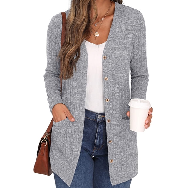 Innerwin Cardigan Sweater Long Sleeve Ladies Outwear Holiday Solid Color Soft Cardigans Gray XL. A mid-length gray women's sweater with a V-neck, button closure, and two front pockets. Made of 65% rayon and 35% polyester, featuring a lightweight knit texture. Styled casually with jeans and a white top, ideal for spring, fall, and winter occasions, including office, casual outings, and holidays.