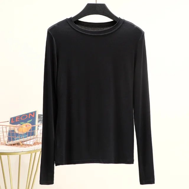 LNGOOR T-Shirt de Base Uni en Modal à Col Rond à Manches Longues pour Femmes, Automne, T-Shirt de Base, Hauts, T-Shirt Passe-Partout, Grande Taille, sous-Vêtement