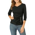 thumbnail image 1 of INSPIRE CHIC Women's Button Decor V Neck 3/4 Sleeve Solid Knitted Ruched Blouse, 1 of 6
