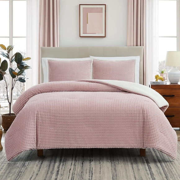 SURJDE Queen Comforter Set, Ultra-Soft Microplush Sherpa Comforter with 2 Pillow Sham, Reversible 3-Piece Bed Set for Queen Bed, Plush Warm Bedding Comforter Sets (Dusty Pink, 90'' x 90'')