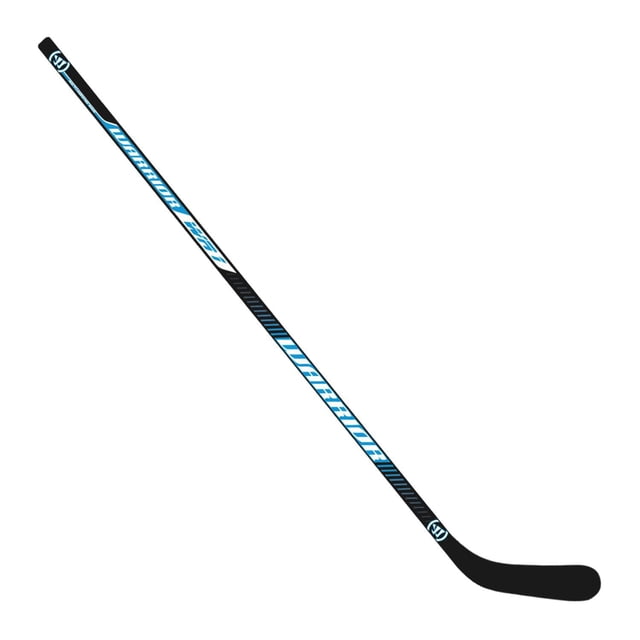 Warrior Hockey Stick - 50" - Left Hand Curve with a black multi-layered wood shaft featuring blue and white Warrior branding and a durable black blade curved for left-handed players, designed for versatile ice hockey play and optimal control.