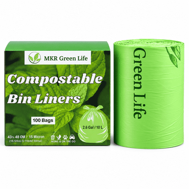 MKR Green Life Small Green Compostable Bags, 10 L / 2.6-gal, 100 Count