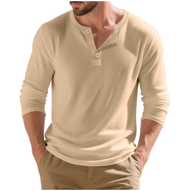 Wdfiry Men's Tops Solid Color Loose Plus Size Henley Tshirt Comfortable Fall Button Crewneck Long Sleeve Undershirts
