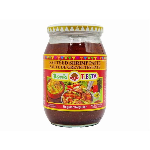 Barrio Fiesta Regular Sautéed Shrimp Paste in a 500g glass jar with a colorful yellow and red label featuring cooked shrimp dishes, suitable for enhancing umami flavor in Chinese and East Asian canned and pickled foods.