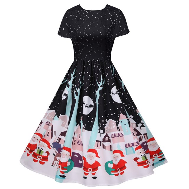 LOVZFMLL Robe Vintage de Noël pour Femme à Col Rond et Manches Courtes Noir TG