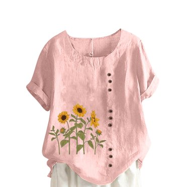 Pisexur Short Sleeve Blouses for Women Crew Neck Summer Fashion Linen T-Shirts Sunflower Print Cute Pullover Shirt