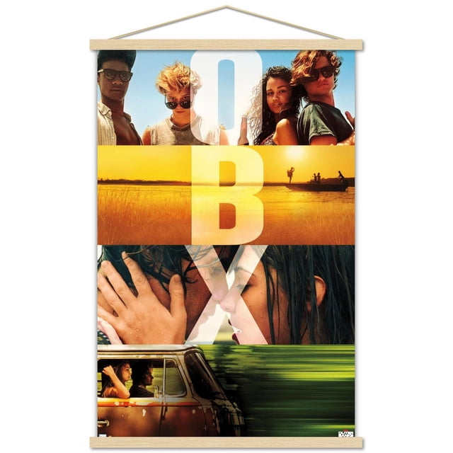 Netflix Outer Banks - OBX Wall Poster, 22.375" x 34" featuring a framed collage of four young people against a blue sky, a golden sunset over water with silhouettes on a boat, a close-up of a couple touching foreheads, and a vintage van driving past blurred greenery, with large white letters O, B, X overlaying the images, suitable for decorating bedrooms, offices, or dorm rooms.