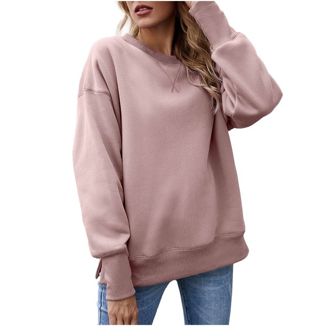 IROINID T-Shirt à Manches Longues en Polyester Réduit pour Femmes Chemises en Coton pour Femmes Quotidien Nouveau Bas Fendu en Molleton Col Rond Chandail avec Peluche et Chandail Épaissi, Pink