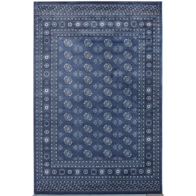 Tekke Oriental Area Rug for Living Room, Dining Room, Bedroom with symmetrical oval and diamond-shaped motifs in blue and grey, bordered by detailed multi-layered patterns on a soft pile surface, suitable for traditional décor and often used as an accent rug.