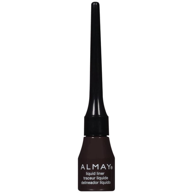 Almay Liquid Eyeliner with a long black cap and dark brown inkwell-shaped bottle, featuring white brand and product text, hypoallergenic and ophthalmologist tested formula for water-resistant, precise eye makeup application.