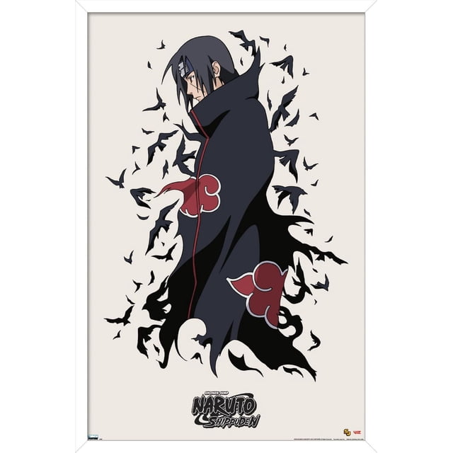 Naruto Shippuden - Affiche Murale d'Itachi Représentant un Profil Latéral d'Uchiha d'Itachi Portant une Cape Noire avec des motifs de Nuages Rouges, Entouré de Corbeau Noirs Stylisés Se Dispersant sur un Fond Clair, Encadré en Blanc avec le logo Naruto Shippuden au Bas, Convient à la Déco de Chambre à Thème Anime.