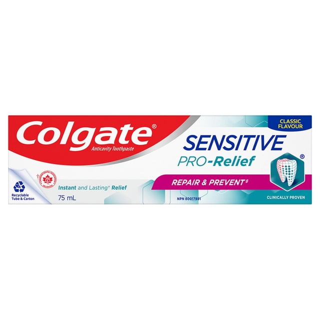 Colgate Sensitive Pro-Relief Repair & Prevent Toothpaste in a 75 mL recyclable tube and carton with classic flavour, clinically proven to provide instant and lasting relief from tooth sensitivity using Pro-Argin formula, while reducing plaque and gingivitis and supporting gum health.
