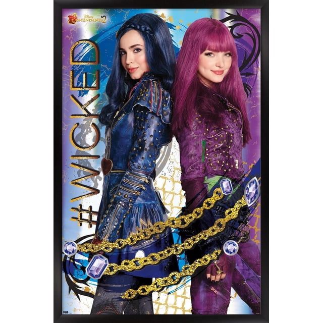 Disney Descendants 2 - Wicked Affiche Murale, 14,725 Po x 22,375 Po Encadrée, Représentant Deux Personnages en Tenues en Cuir Bleu et Violet Cloutées, Debout l'Un derrière l'Autre, avec Chaîne Dorée et Détails de Bijoux sur un Fond Abstrait Coloré avec Lettrage #Wicked en or, Convient pour Décorer des Chambres, des Résidences Étudiantes Ou des Bureaux.