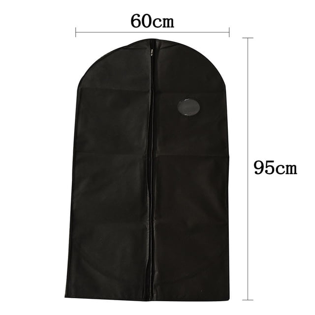 Travel Zipper Bag Breathable Garment Dress Suit Clothes Coat Cover Protector in black, made of durable non-woven fabric. Features a smooth zipper with an anti-stripping strip to prevent detachment. Dimensions are approximately 60cm by 95cm, suitable for travel or storage. Lightweight and easy to clean.