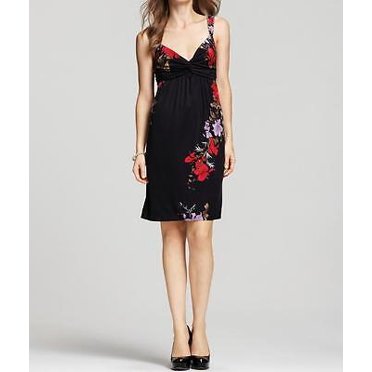 298 $ ELIE TAHARI Robe Renee Noir Rouge à Fleurs Froncée en Jersey Soie ( 2 )