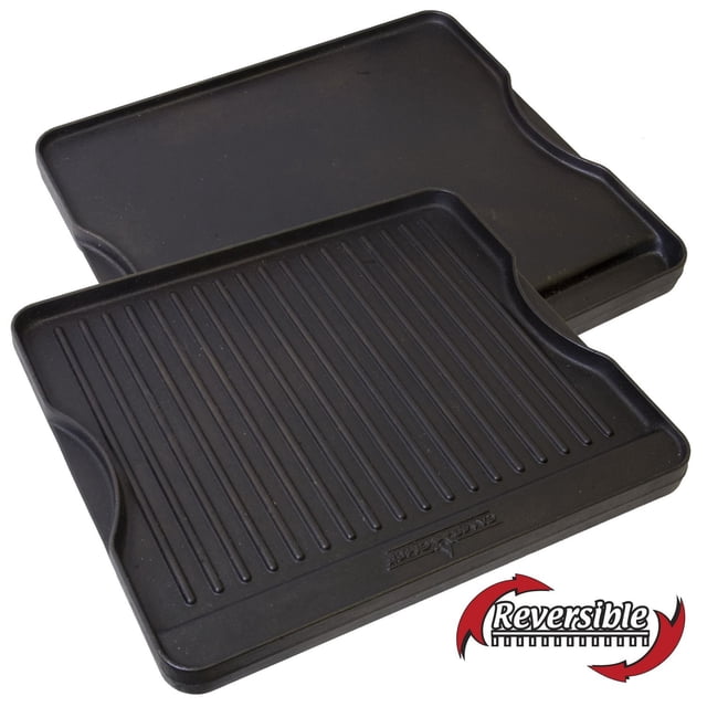 Camp Chef 16" x 14" Cast Iron Reversible Griddle with a flat side and a ridged grill side, pre-seasoned with True Seasoned Finish, featuring molded handles for easy gripping, designed for outdoor cooking on Camp Chef stoves and suitable for versatile grilling and griddling.