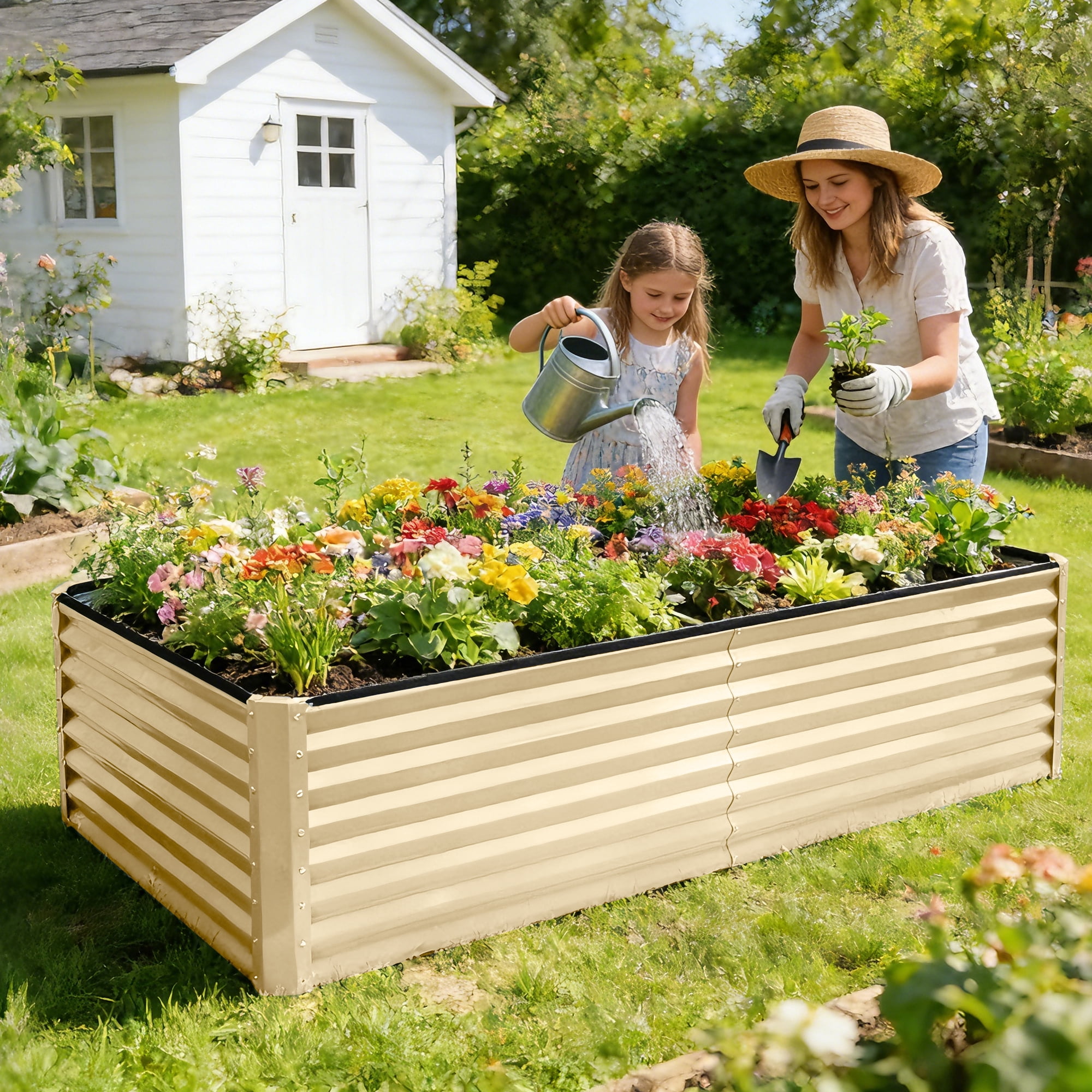 Jardinière surélevée Noble House, support galvanisé pour jardinière d'extérieur, beige