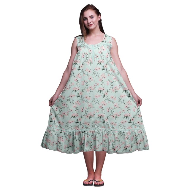 Bimba Pastel Mint2 Floral Leaves & Peony Mi-Mollet Vêtement de Nuit Femme Coton Imprimé Sans Manches Robe de Nuit Maxi X-Small