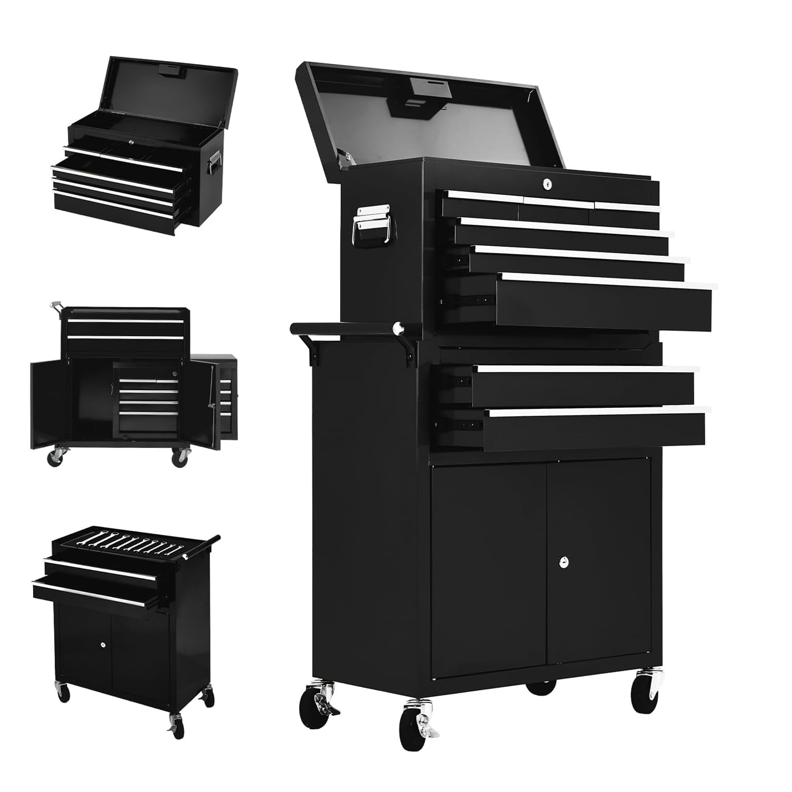 Yiwa 8-Drawer Tool Chest, Tool Box Organizer w/Lockable Wheels & Detachable Top & Adjustable Shelf, Toolbox for Workshop Garage