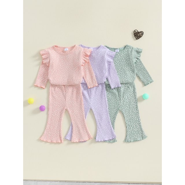 SUNSIOM Baby Girl 2Pcs Fall Outfits Ruffle Long Sleeve Sport Print Tops + Flare Pants Set Toddler Clothes