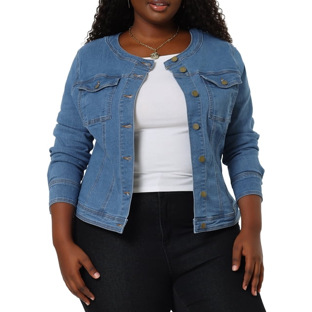 GRACE & GRANDEUR Veste en Denim Sans Col à Manches Longues pour Femmes Grande Taille