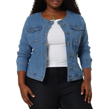 GRACE & GRANDEUR Veste en Denim Sans Col à Manches Longues pour Femmes Grande Taille