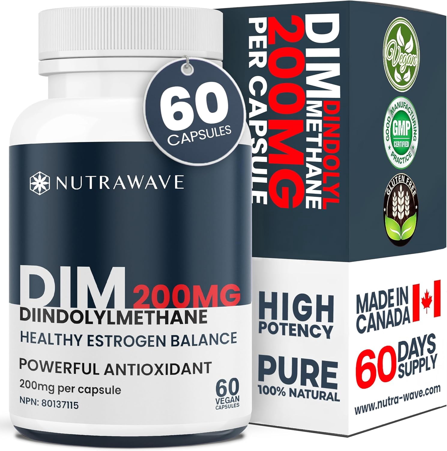 Nutrawave DIM 200mg – Estrogen Metabolism & Hormone Balance Support, Diindolylmethane for Skin & Mood, 60 Vegan Capsules, Non-GMO, Gluten-Free, Made in Canada