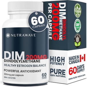 Nutrawave DIM 200mg – Estrogen Métabolisme & Support de balance des hormones, Diindolylméthane pour la peau & L'humeur, 60 Capsules de végétaliens, sans OGM, sans gluten, fabriquées au Canada