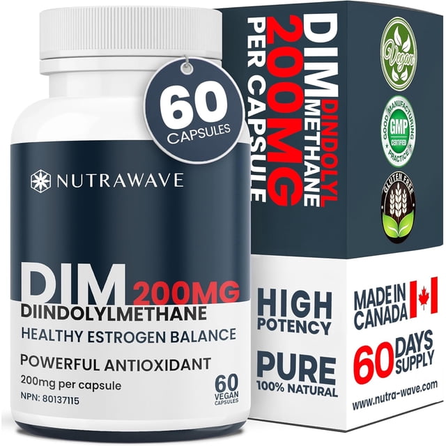 Nutrawave DIM 200mg – Estrogen Metabolism & Hormone Balance Support, Diindolylmethane for Skin & Mood, 60 Vegan Capsules, Non-GMO, Gluten-Free, Made in Canada